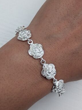 Silver Flower Floral Rose Bracelet Bangle Summer Silver Plated Womens Jewelry
